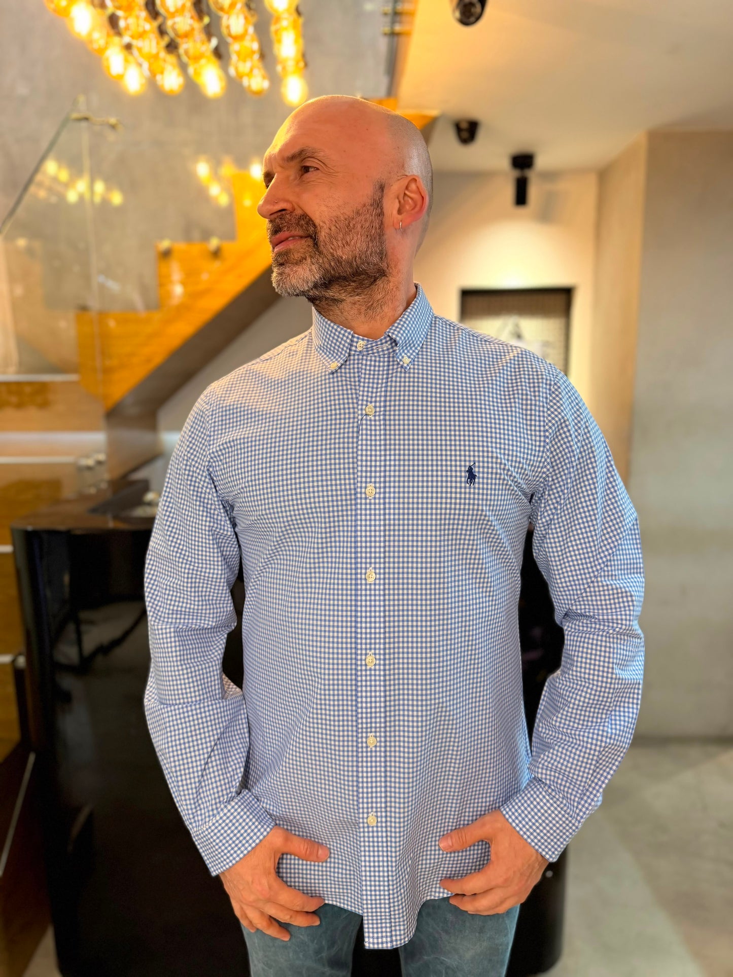Camisa Polo R.L hombre Algodón Slim Fit Cuadros Celestes Con Blanco Caballo Azul