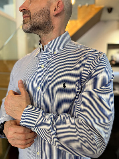 Camisa Polo R.L hombre Algodón Rayas Azul Oscuro Con Blanco Caballo Negro