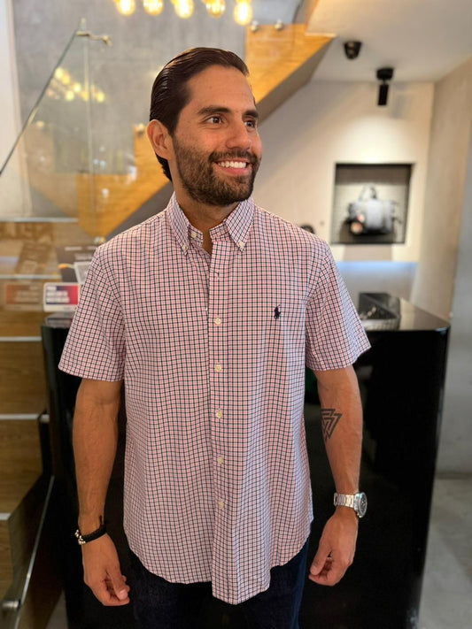 Camisa Polo R.L hombre Manga Corta Algodón Cuadros Rosados Con Blanco Caballo Negro
