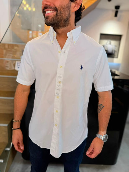 Camisa Polo R.L hombre Algodón Manga Corta Blanca Caballo Azul