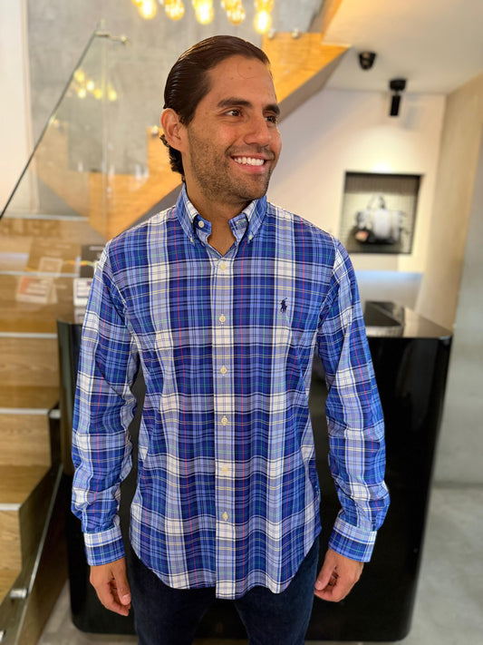 Camisa Polo R.L hombre Performance Cuadros Azules Caballo Azul