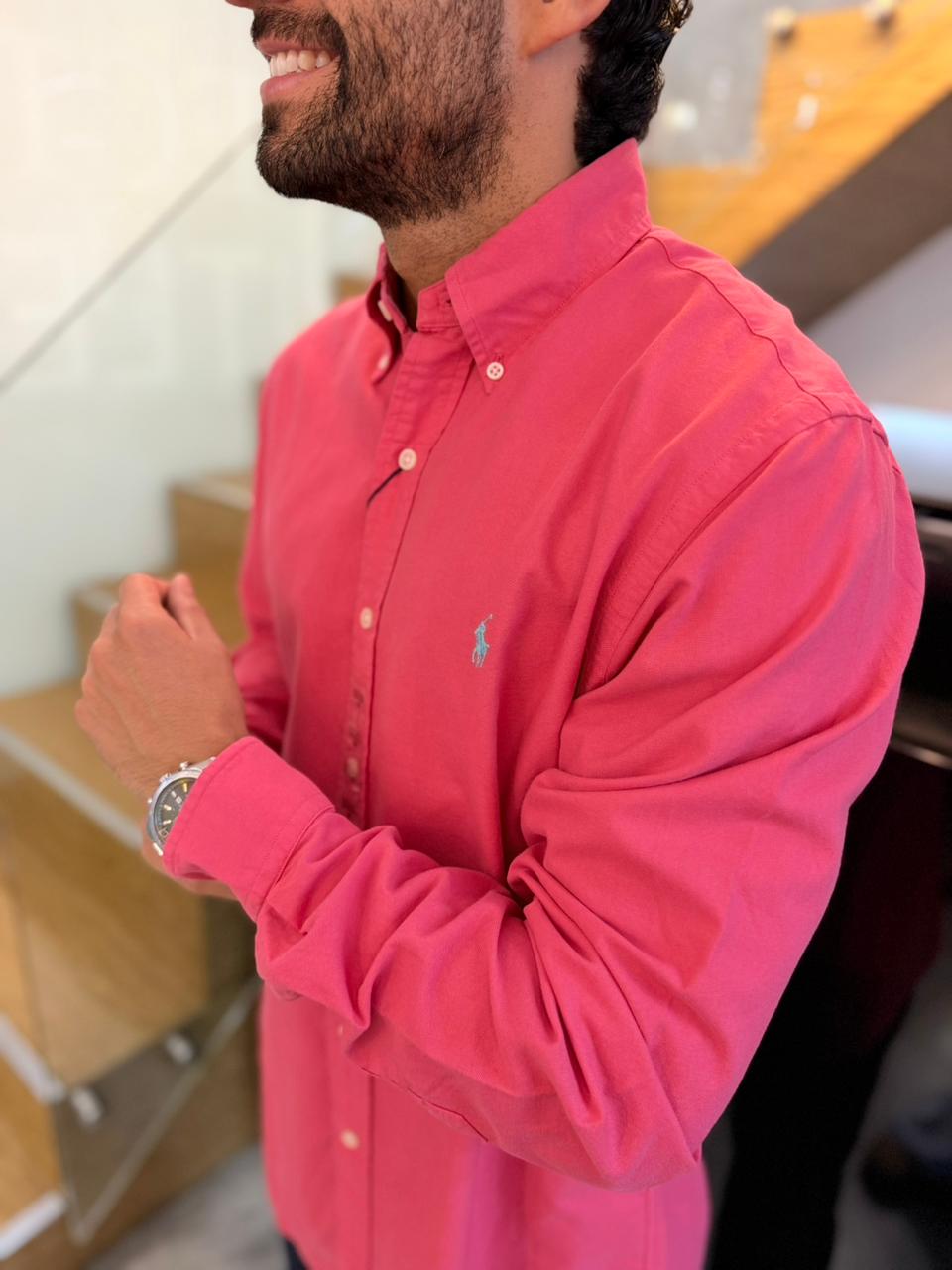 Camisa Polo R.L hombre Oxford Coral Caballo Celeste