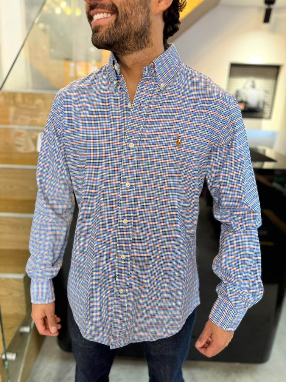 Camisa Polo R.L hombre Oxford Cuadros Celestes Caballo Multicolor