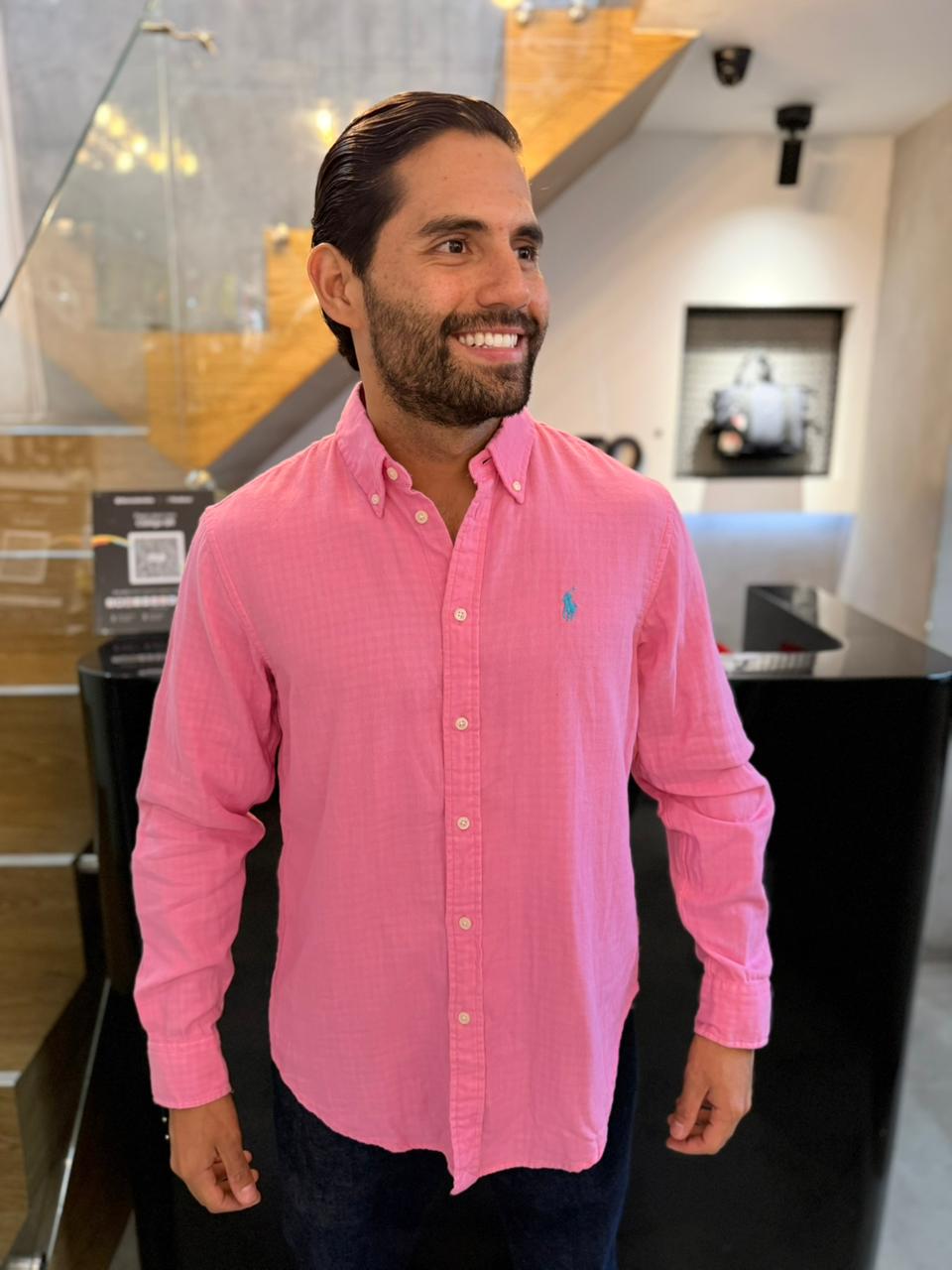 Camisa Polo R.L hombre Algodón Rosado Efecto Cuadros Caballo Celeste