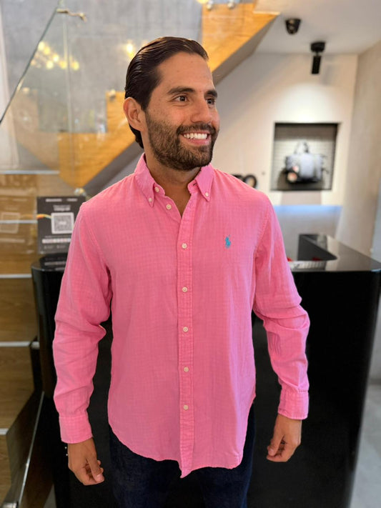 Camisa Polo R.L hombre Algodón Rosado Efecto Cuadros Caballo Celeste