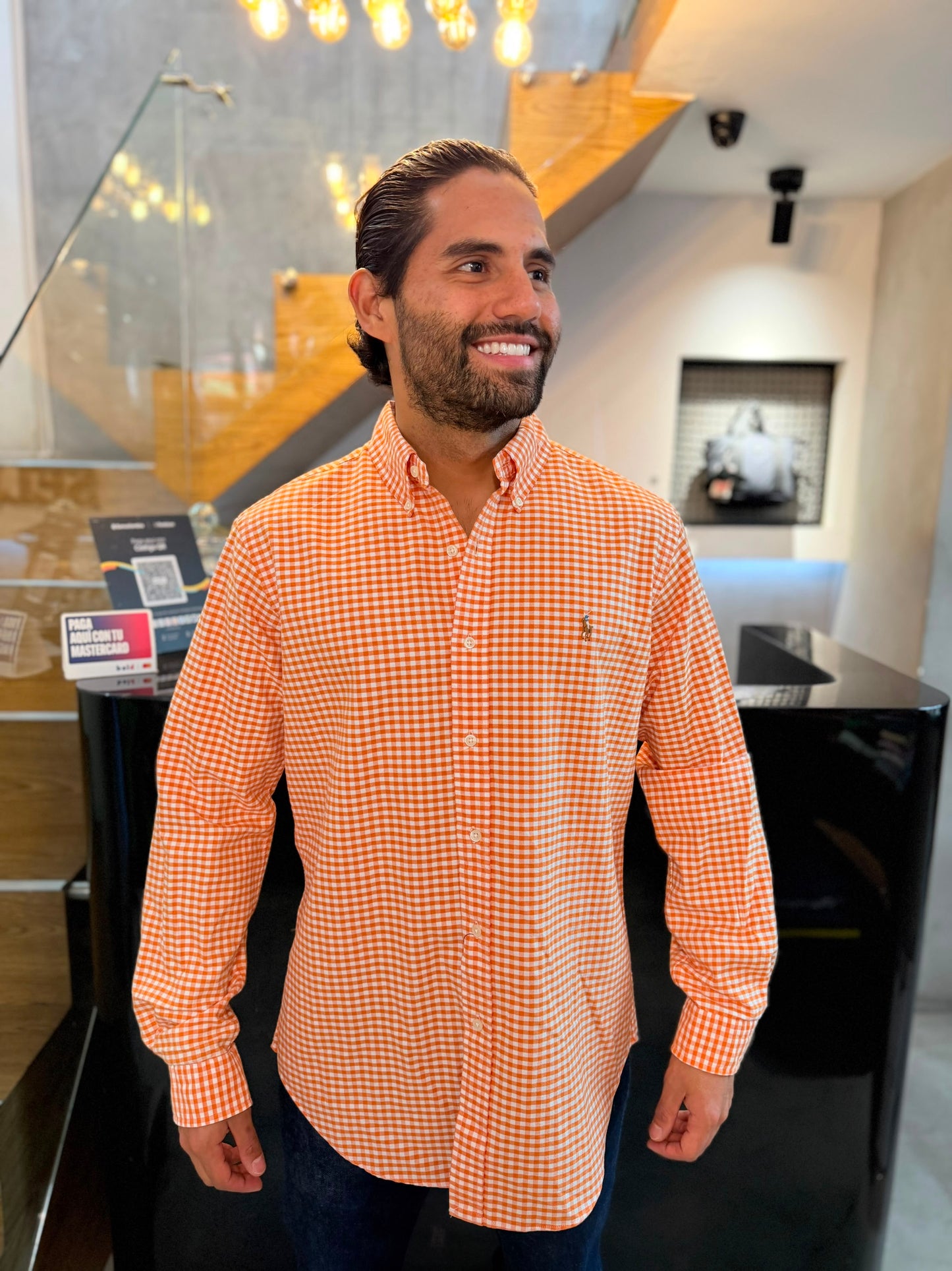 Camisa Polo R.L hombre Oxford Cuadros Naranjas Con Blanco Caballo Multicolor