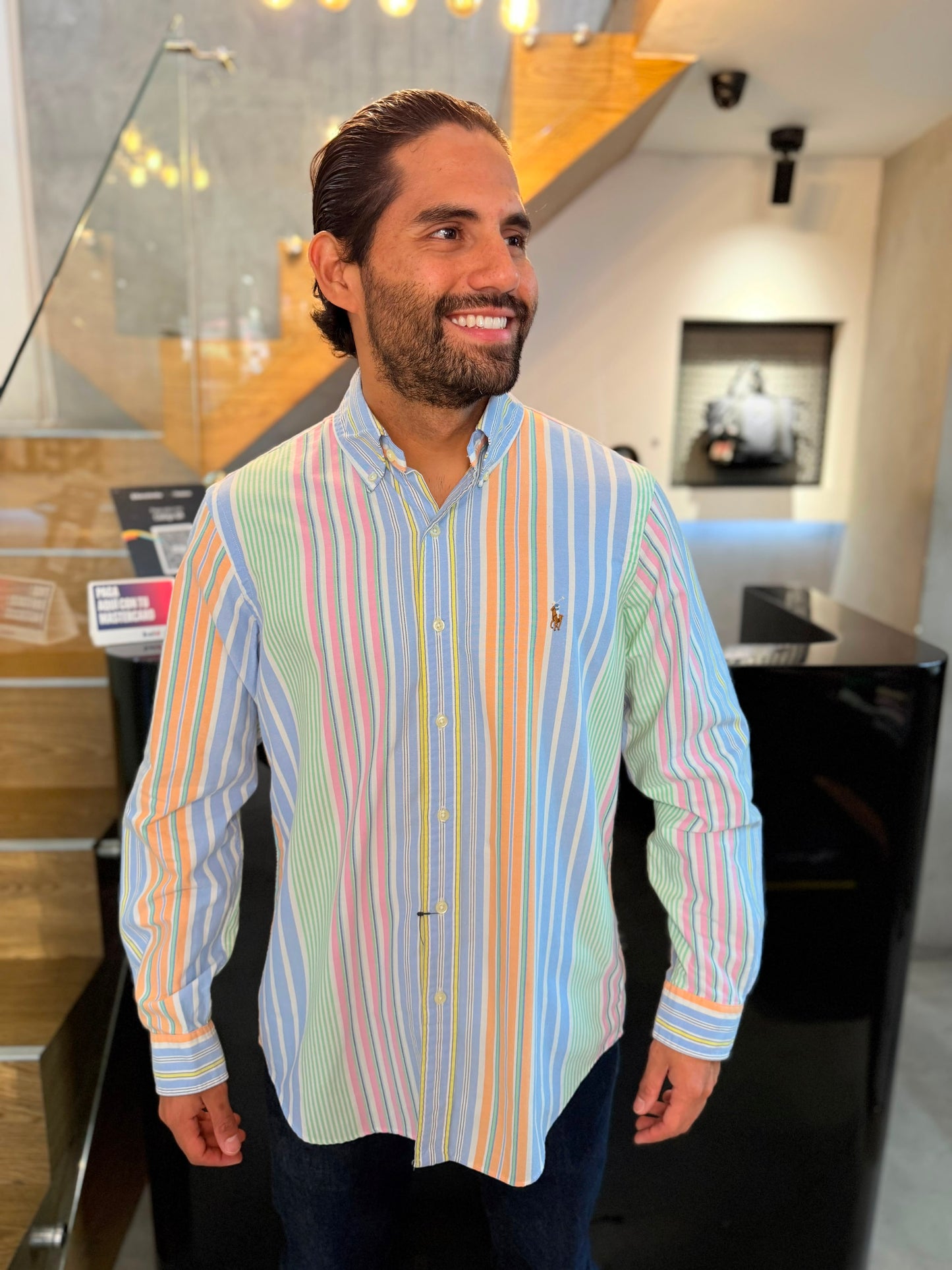 Camisa Polo R.L hombre Oxford Rayas Colores Caballo Multicolor