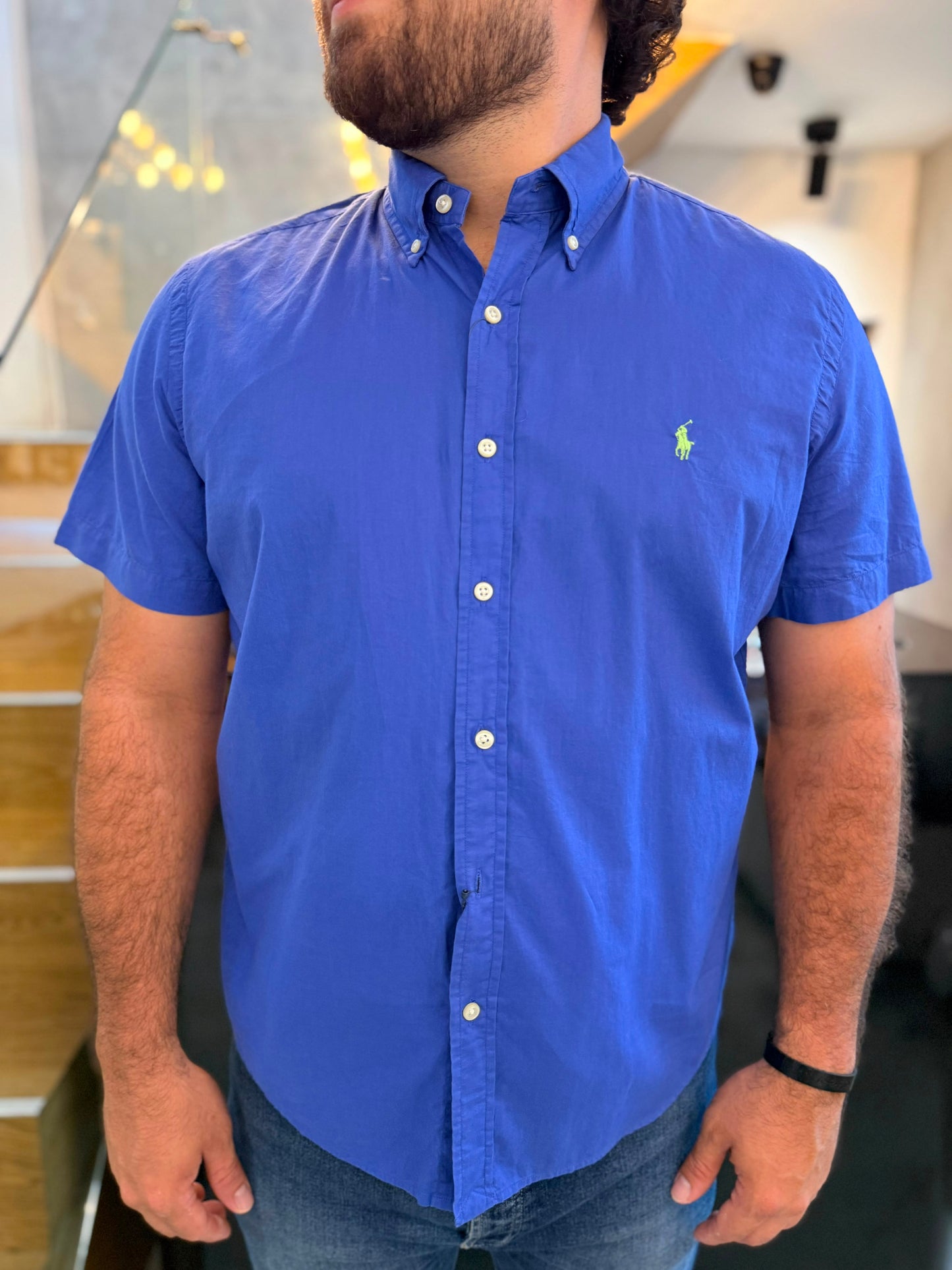 Camisa Polo R.L hombre Algodón Manga Corta Azul Caballo Verde