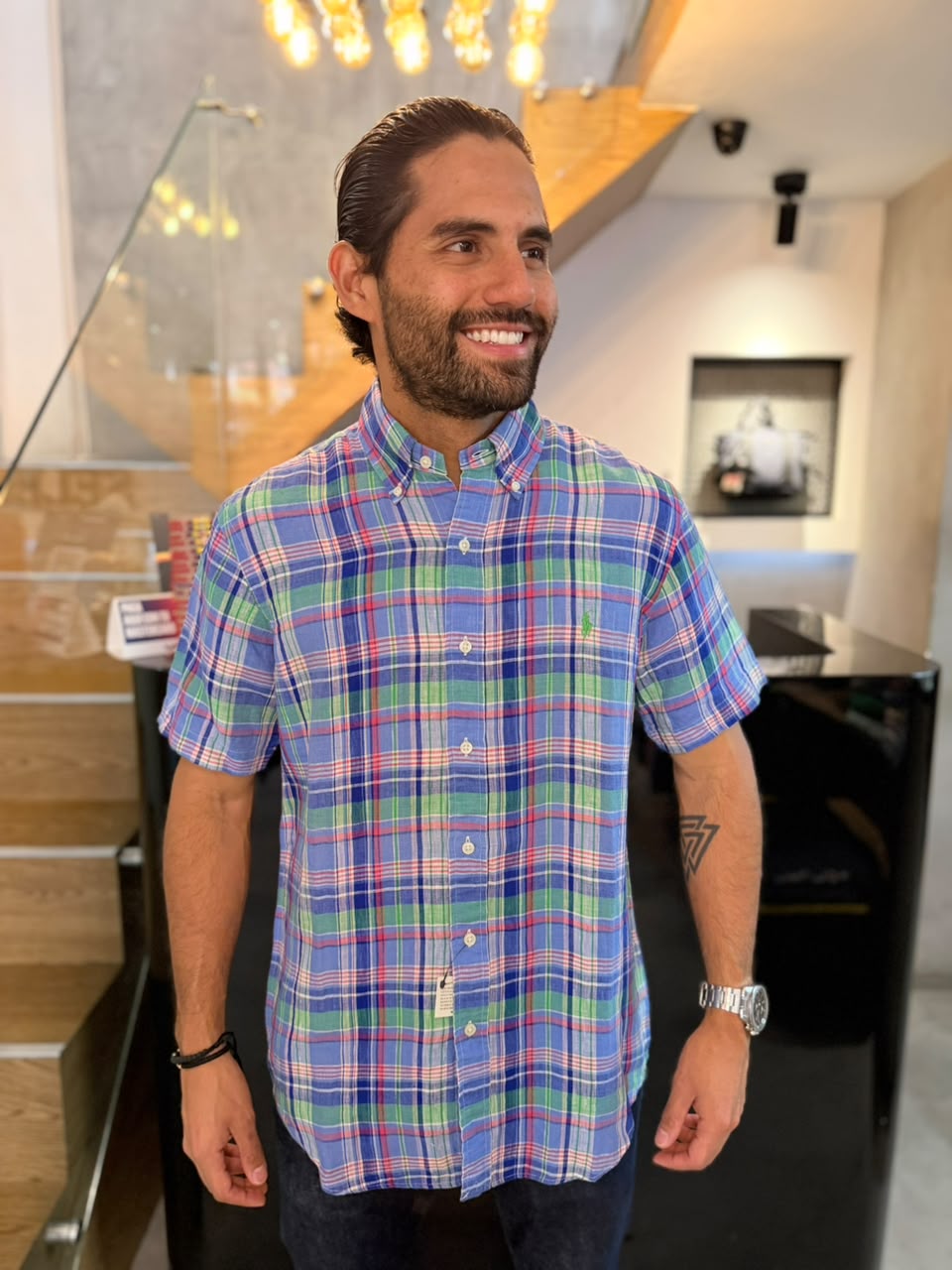 Camisa Polo R.L hombre Lino Manga Corta Cuadros Colores Caballo Verde