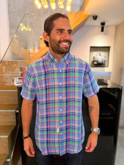 Camisa Polo R.L hombre Lino Manga Corta Cuadros Colores Caballo Verde