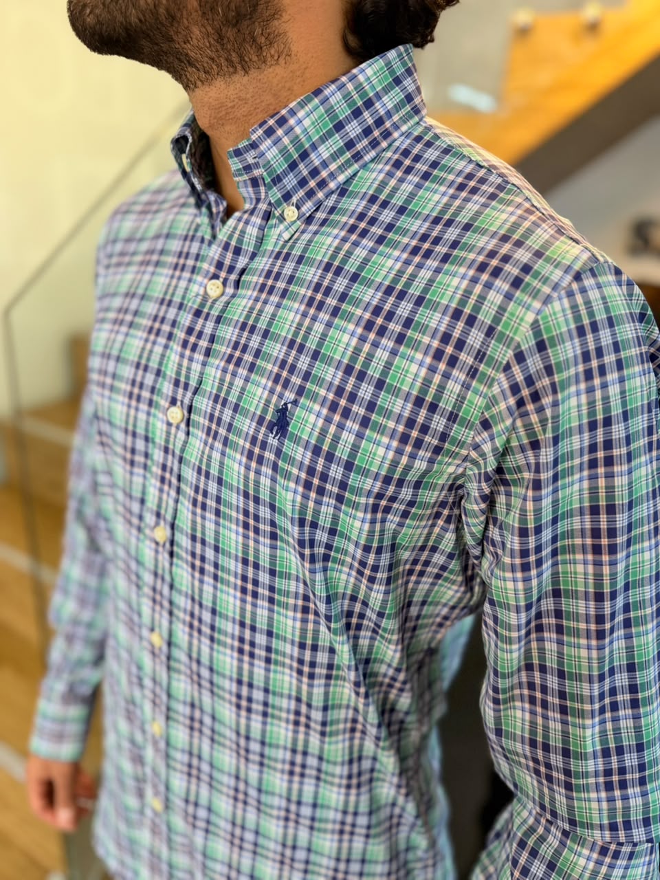 Camisa Polo R.L hombre Algodón Performance Cuadros Azules Con Verde Caballo Azul