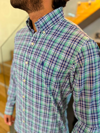Camisa Polo R.L hombre Algodón Performance Cuadros Azules Con Verde Caballo Azul