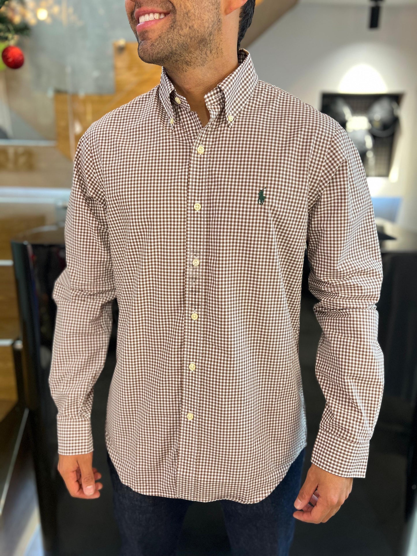 Camisa Polo R.L hombre Algodón Cuadros Café Caballo Verde
