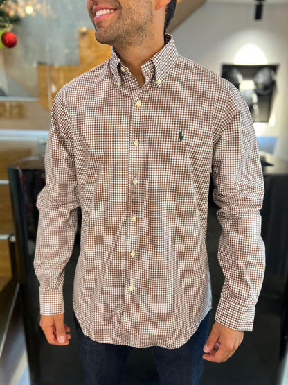 Camisa Polo R.L hombre Algodón Cuadros Café Caballo Verde