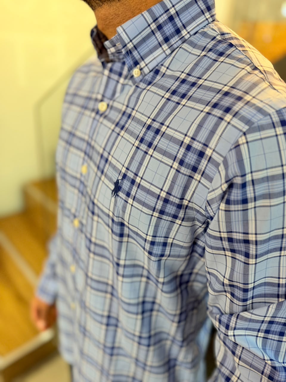 Camisa Polo R.L hombre Algodón Cuadros Celestes Con Azul Caballo Azul
