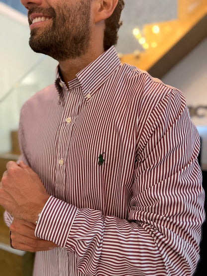 Camisa Polo R.L hombre Custom Fit Algodón Rayas Vinotinto Con Blanco Caballo Verde