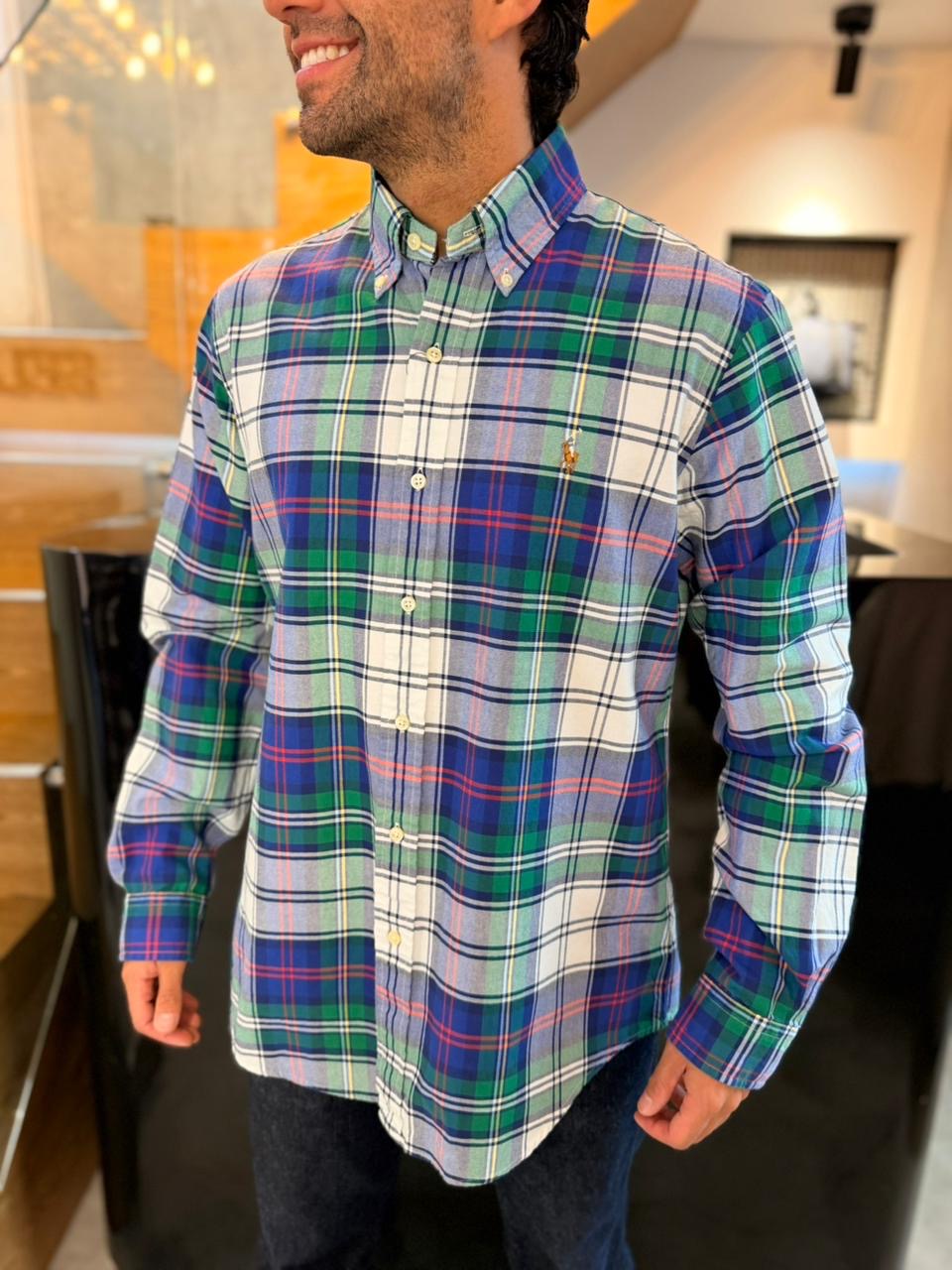 Camisa Polo R.L hombre Oxford Cuadros Verdes con Blanco Caballo Multicolor