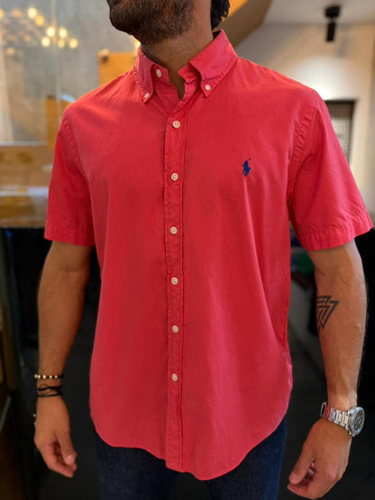 Camisa Polo R.L hombre Oxford  Manga Corta Coral Caballo Azul