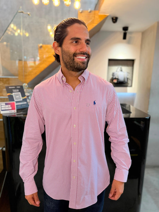 Camisa Polo R.L hombre Algodón Performance Cuadros Blancos Con Rosado Caballo Azul