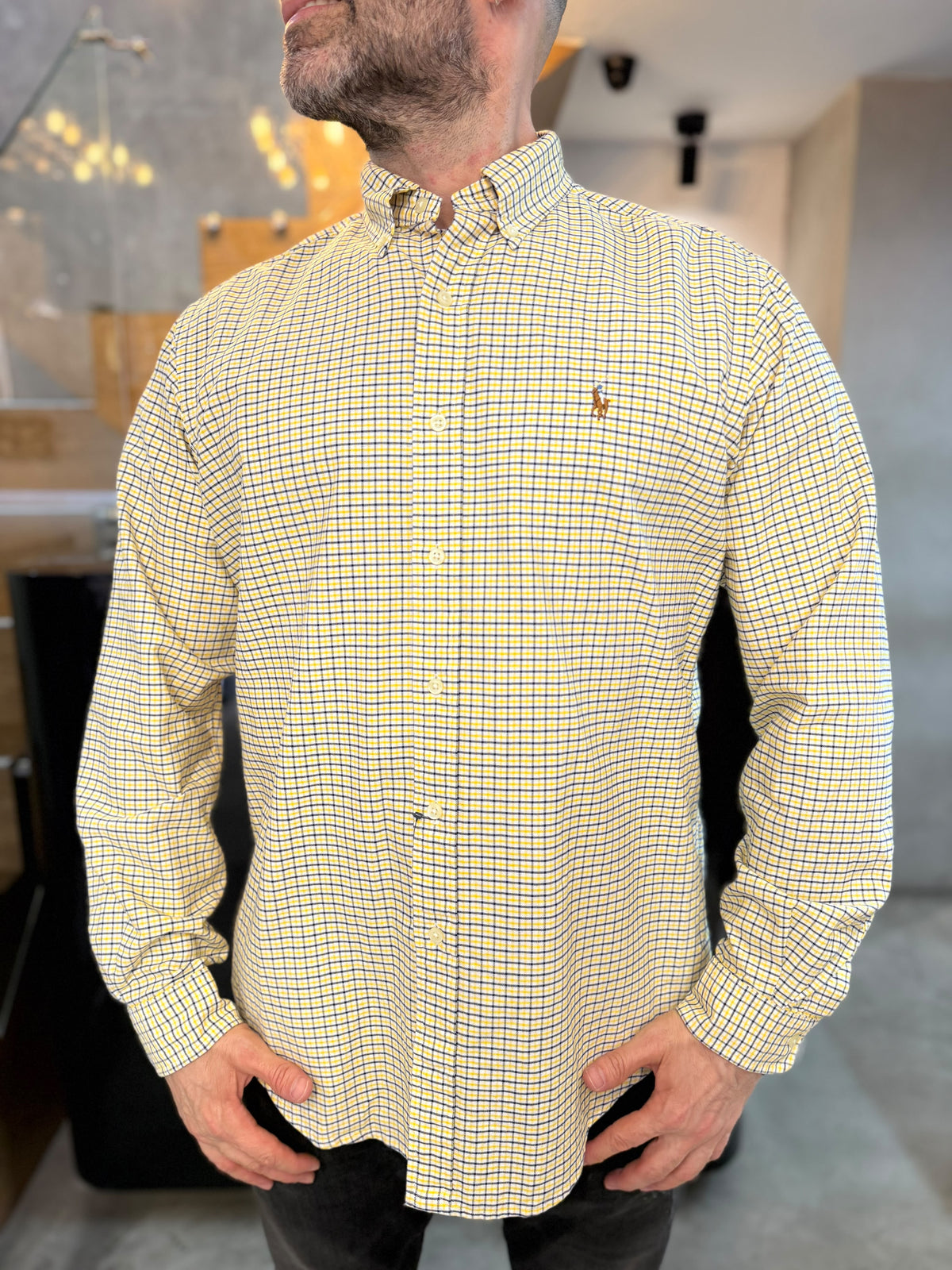 Camisa Polo R.L hombre Oxford Cuadros Amarillos Con Blanco Caballo Multicolor