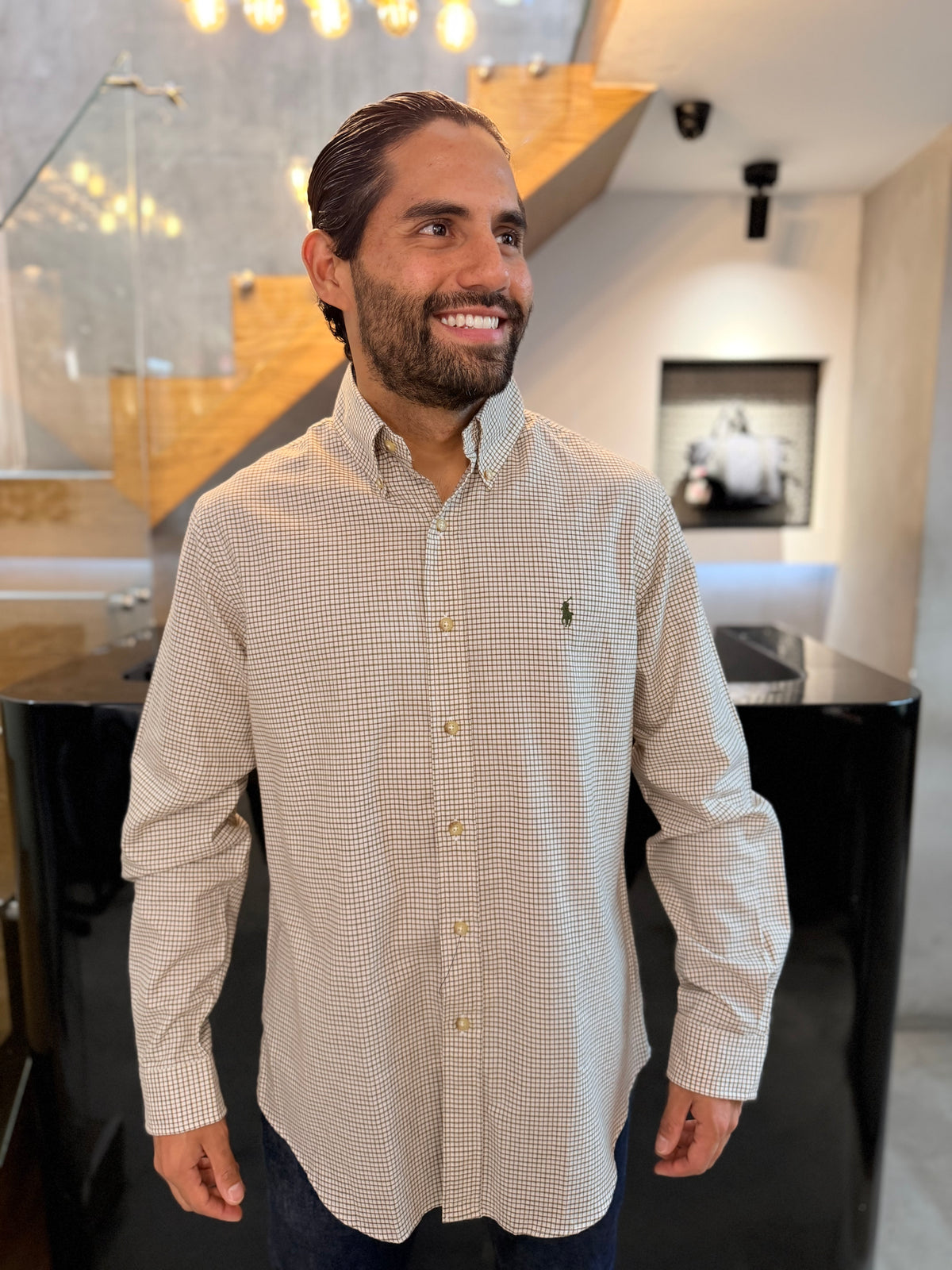 Camisa Polo R.L hombre Algodón Cuadros Blancos Caballo Verde Militar