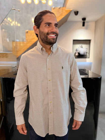 Camisa Polo R.L hombre Algodón Cuadros Blancos Caballo Verde Militar