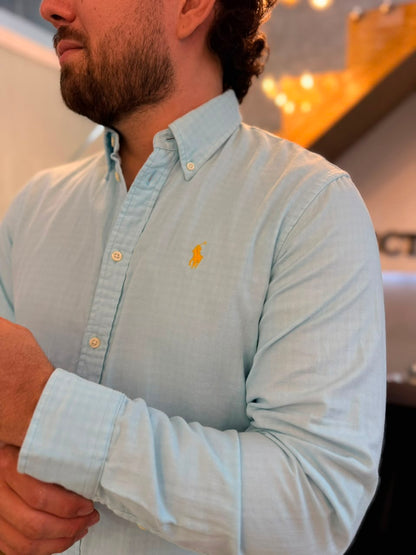 Camisa Polo R.L hombre Algodón Celeste Efecto Cuadros  Caballo Amarillo