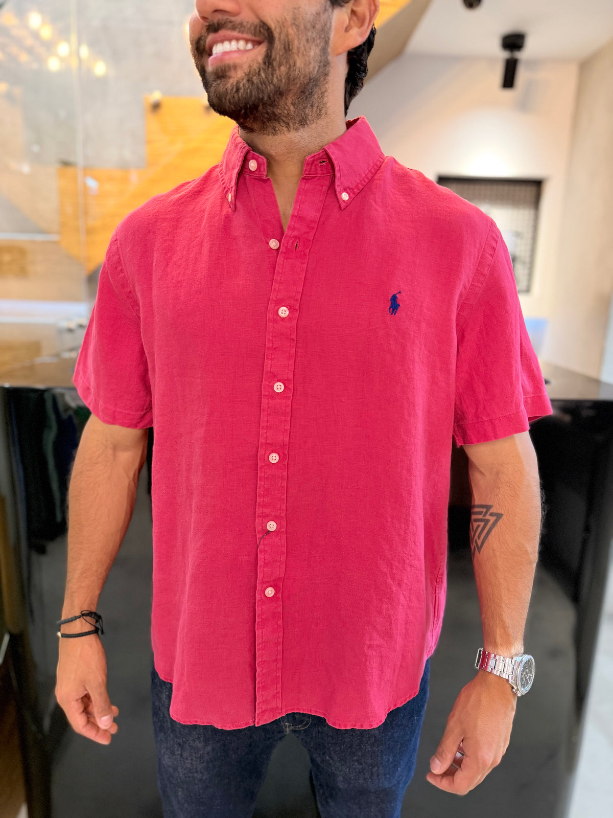 Camisa Polo R.L hombre Manga Corta Lino Fucsia Caballo Azul