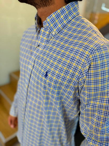 Camisa Polo R.L hombre Algodón Cuadros Amarillos Con Azul Caballo Azul