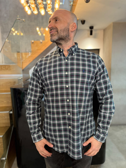 Camisa Polo R.L hombre Oxford Cuadros Verdes Con Blanco Caballo Azul
