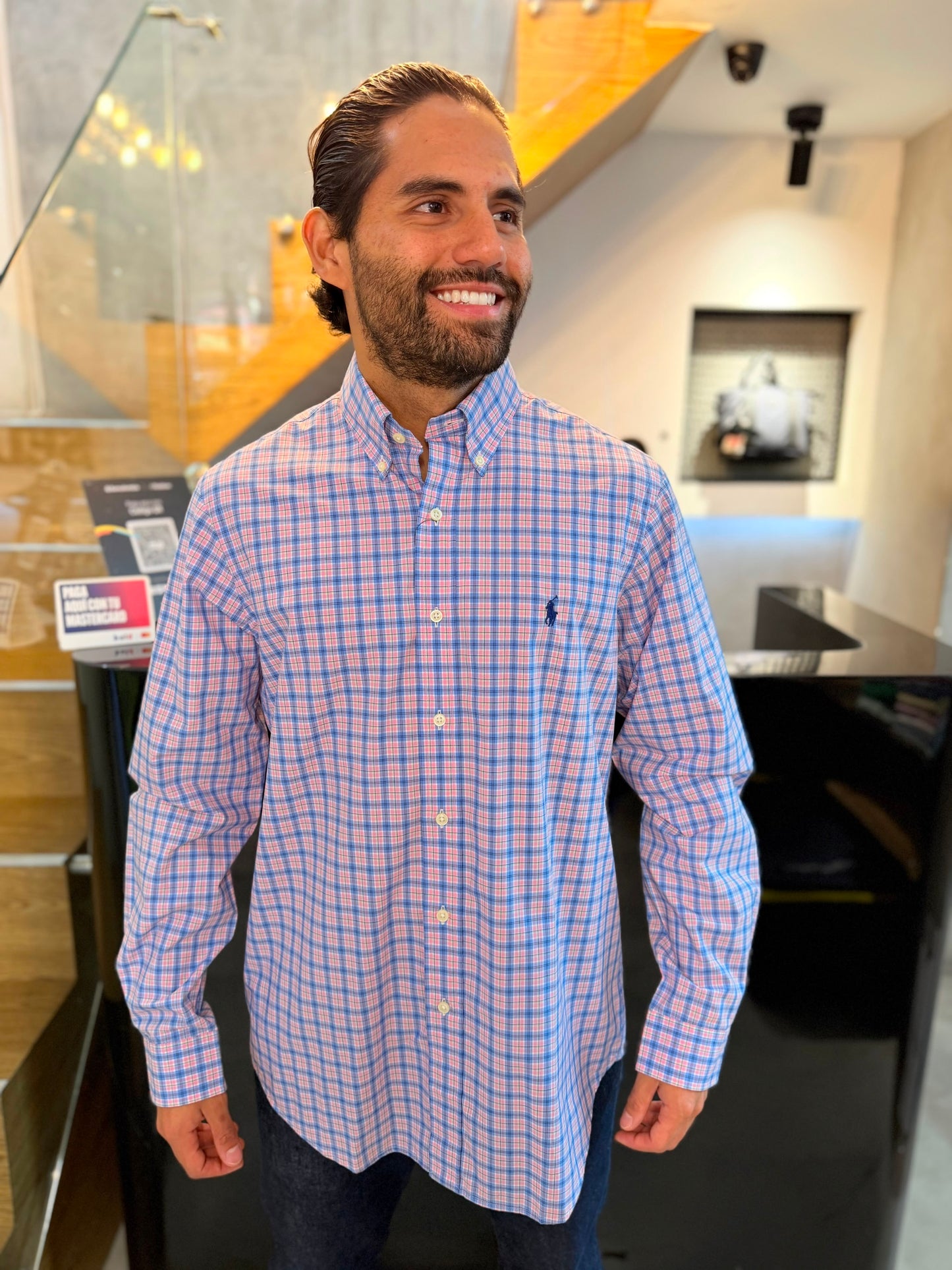 Camisa Polo R.L hombre Algodón Cuadros Rosados Con Celeste Caballo Azul