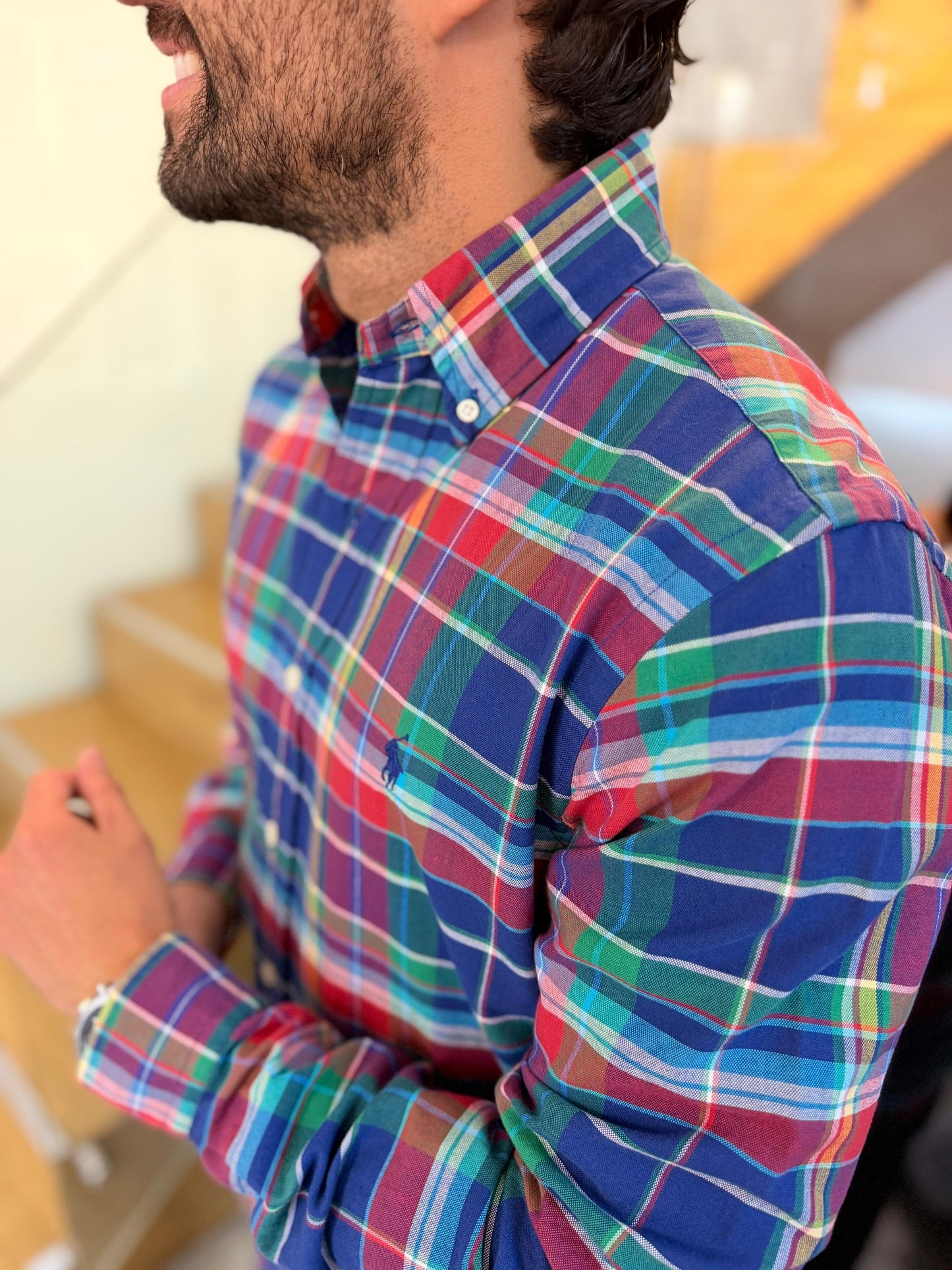 Camisa Polo R.L hombre Oxford Cuadros Colores Caballo Azul