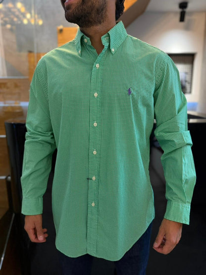 Camisa Polo R.L hombre Algodón Cuadros Verdes Caballo Morado