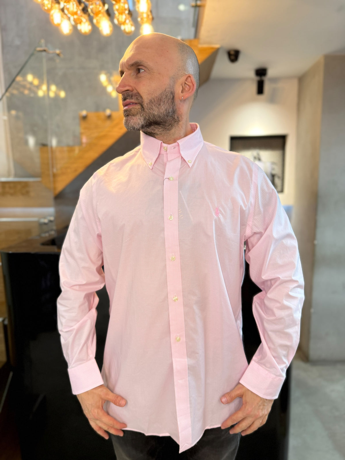 Camisa Polo R.L hombre Algodón Cuadros Rosados Con Blanco Caballo Rosado
