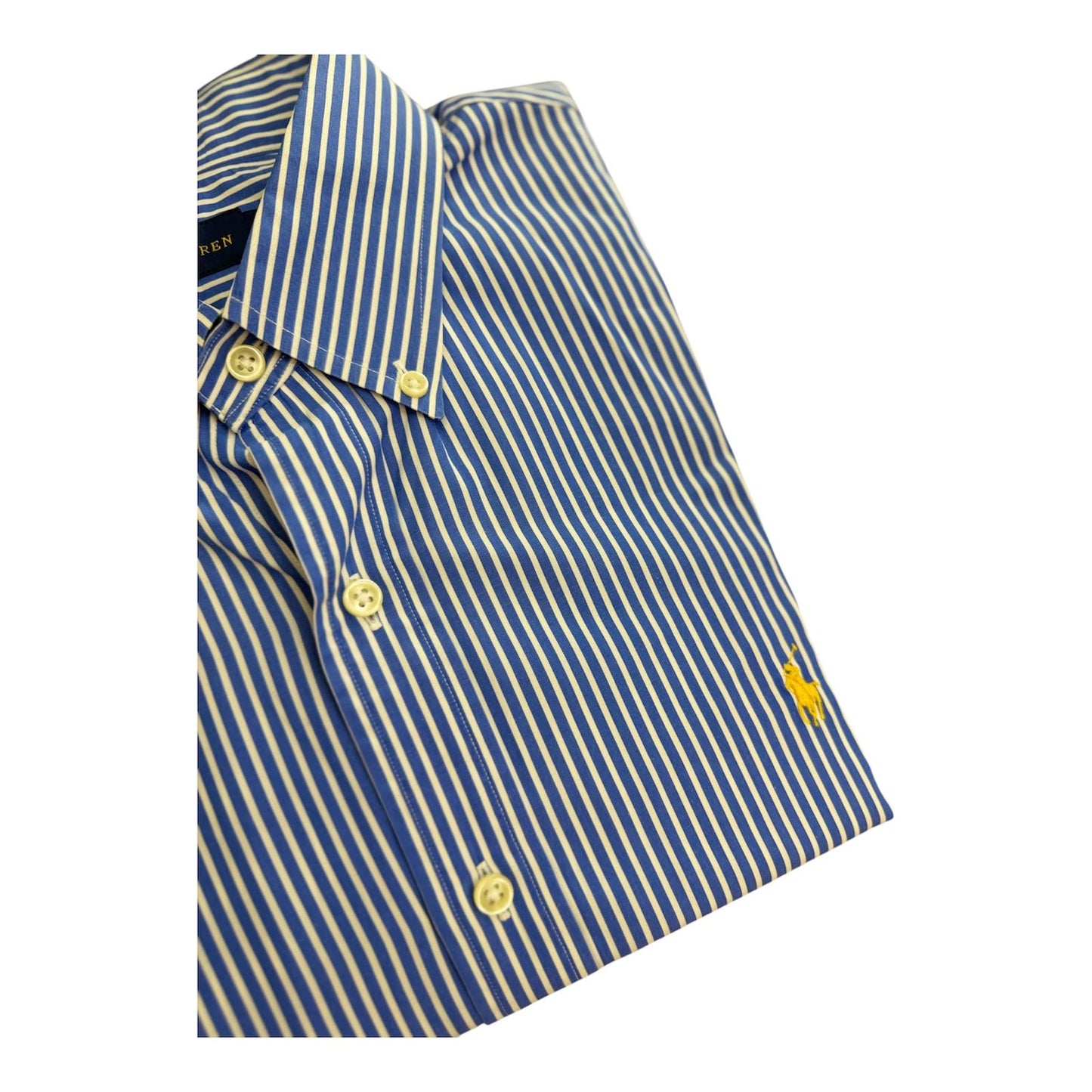 Camisa Polo R.L hombre Algodón Rayas Azules Con Blanco Caballo Amarillo