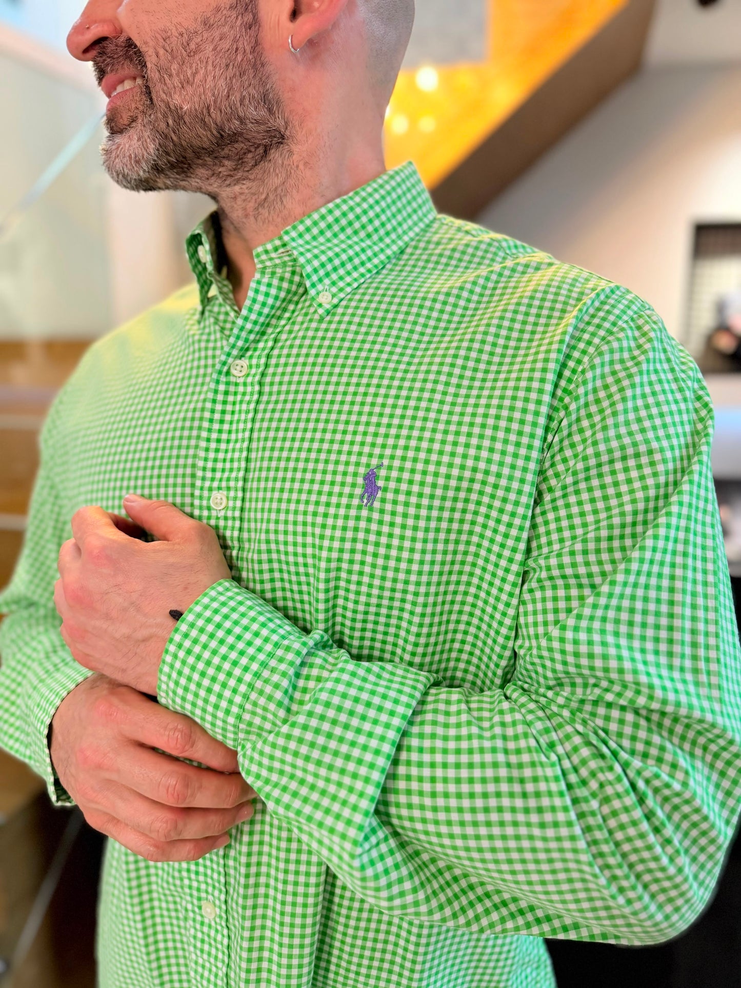Camisa Polo R.L hombre Algodón Custom Fit Cuadros Verdes Con Blanco Caballo Morado