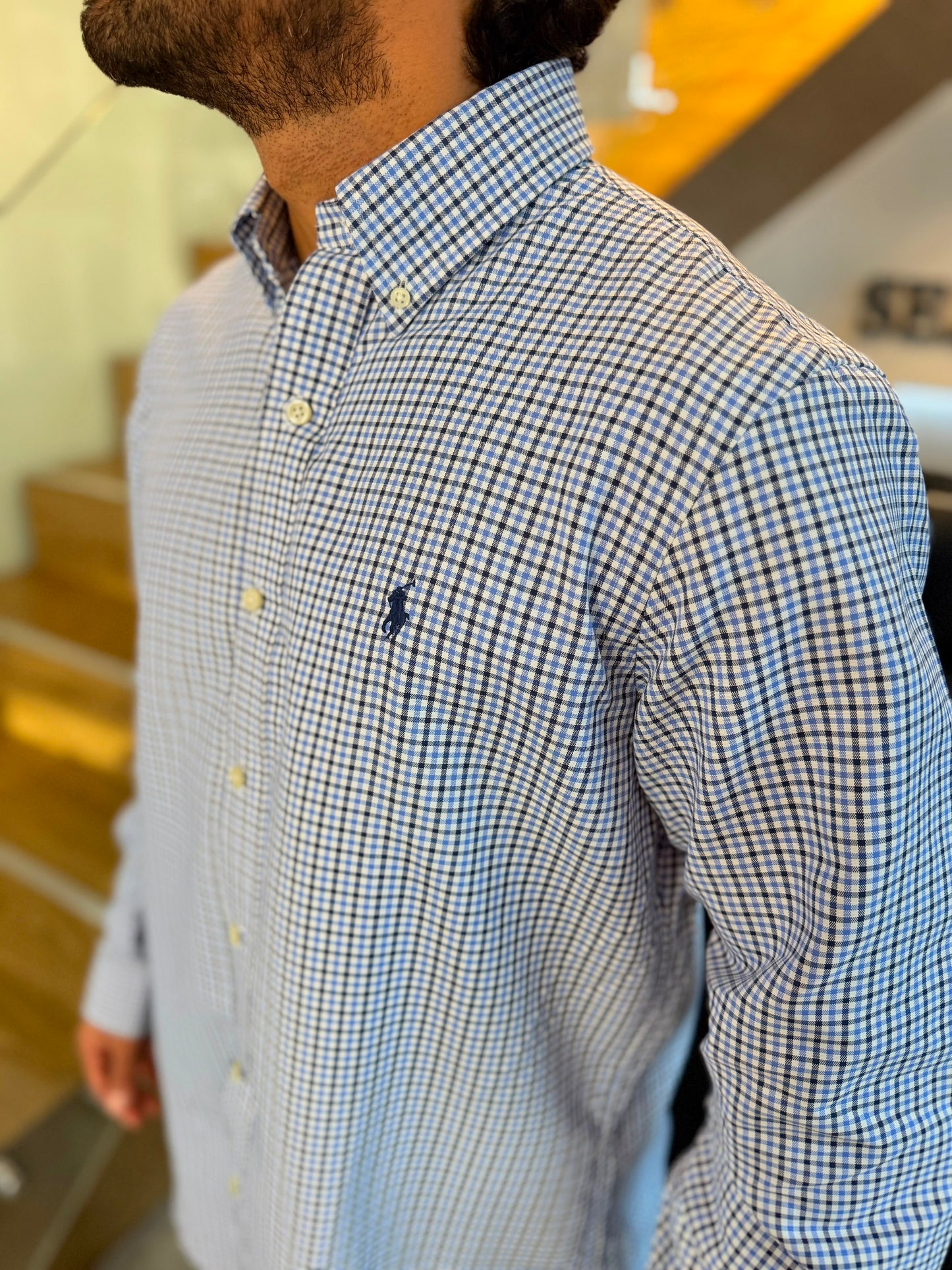 Camisa Polo R.L hombre Algodón Cuadros Azules Con Blanco Caballo Azul