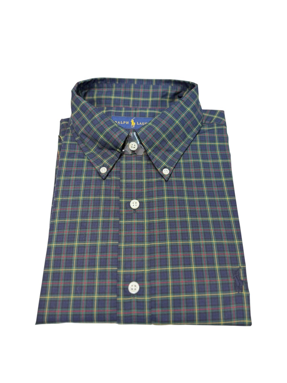Camisa Polo R.L hombre Algodón Cuadros Verdes Caballo Azul