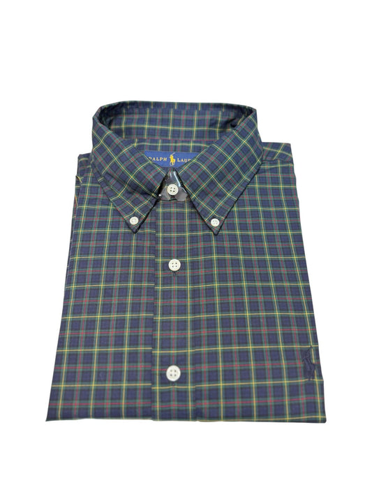 Camisa Polo R.L hombre Algodón Cuadros Verdes Caballo Azul