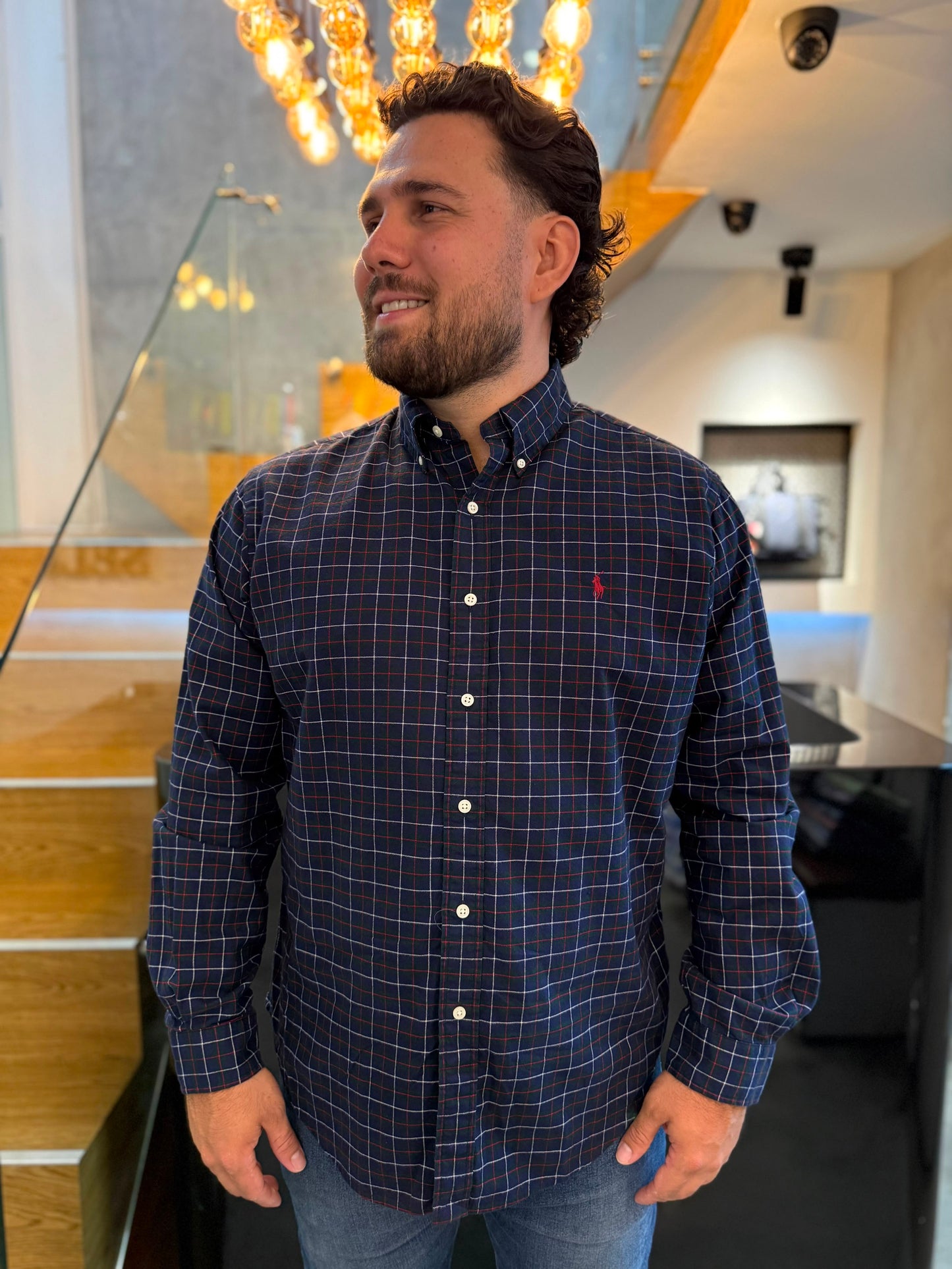 Camisa Polo R.L hombre Algodon Cuadros Azules Caballo Rojo