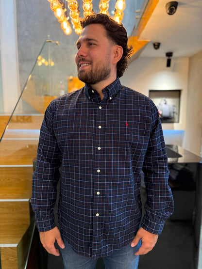 Camisa Polo R.L hombre Algodon Cuadros Azules Caballo Rojo
