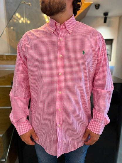 Camisa Polo R.L hombre Algodón Cuadros Rosados Caballo Verde