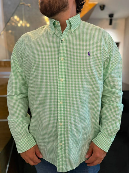 Camisa Polo R.L hombre Galleta Cuadros Verdes Caballo Morado