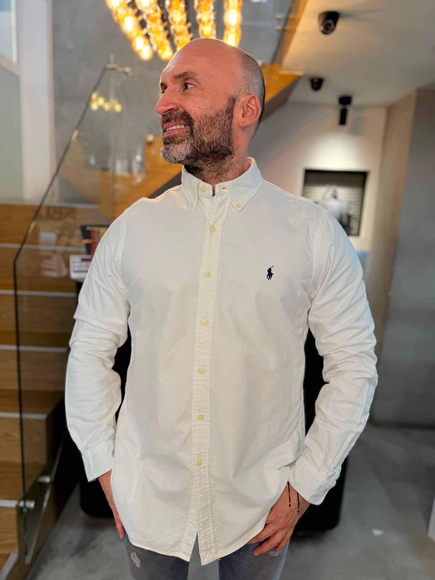Camisa Polo R.L hombre Algodón Grueso Blanca Caballo Azul