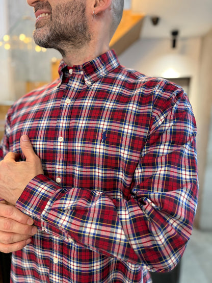 Camisa Polo R.L hombre Algodón Grueso Cuadros Rojos Con Blanco Caballo Azul