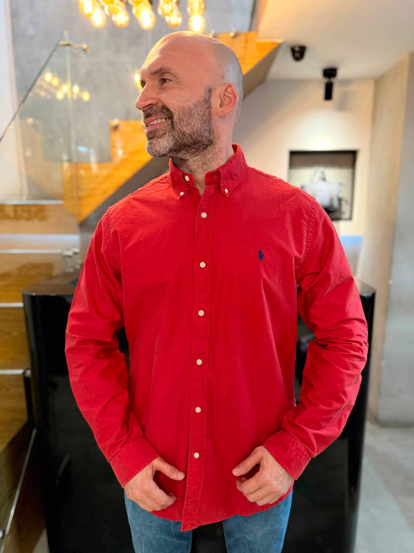 Camisa Polo R.L hombre Oxford Roja Caballo Azul