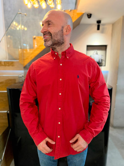 Camisa Polo R.L hombre Oxford Roja Caballo Azul