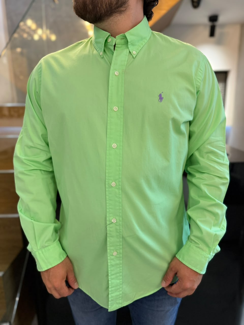 Camisa Polo R.L hombre Algodón Verde Limón Caballo Lila
