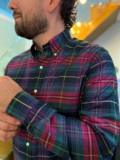 Camisa Polo R.L hombre Algodón Cuadros Morados Caballo Morado