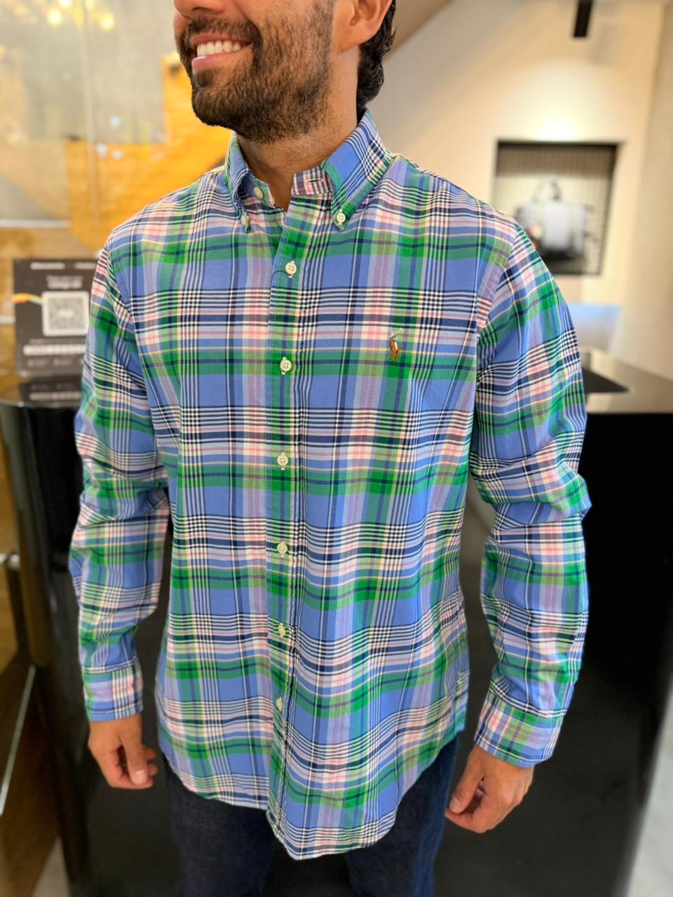 Camisa Polo R.L hombre Oxford Cuadros Azules Con Verde Caballo Multicolor